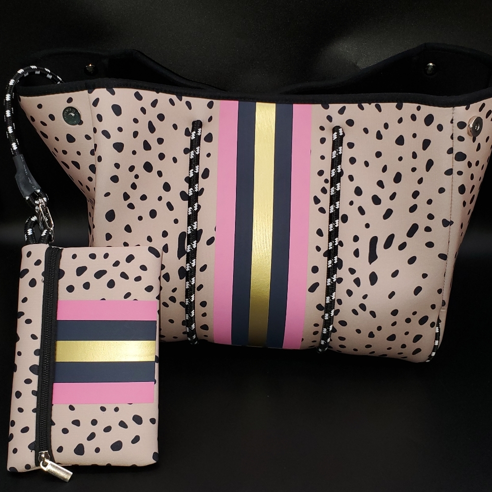 Neoprene Large Tote Bag with Pouch in Beige Cheetah Stripe